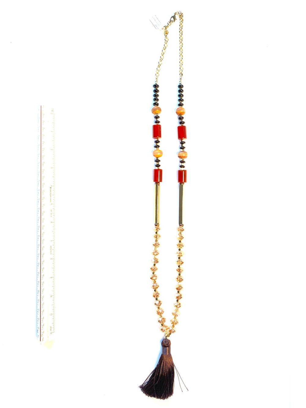 Long Boho Crystal Beaded Necklace with Brown Tassel